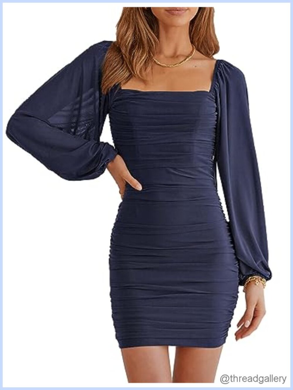 Women Square Neck Long Sleeve Mesh Bodycon Mini Dress Ruched Party Cocktail